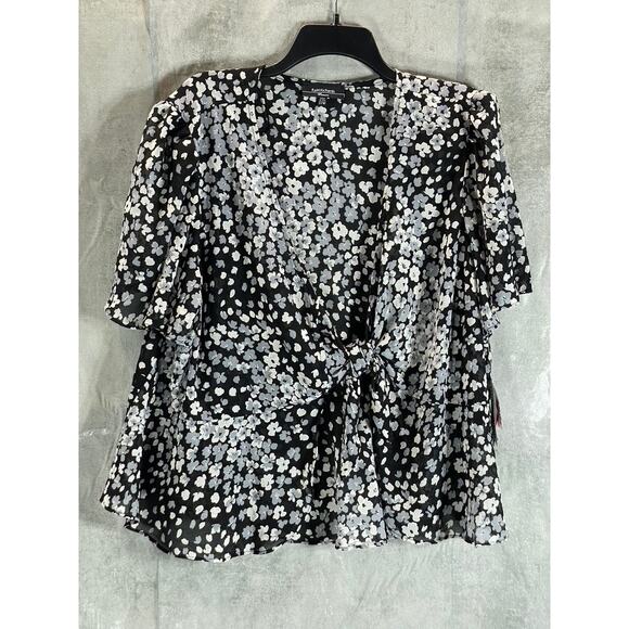 R&M RICHARDS Women's Plus Black-White Printed Tie-Front Flutter Sleeve Jacket - Picture 1 of 10